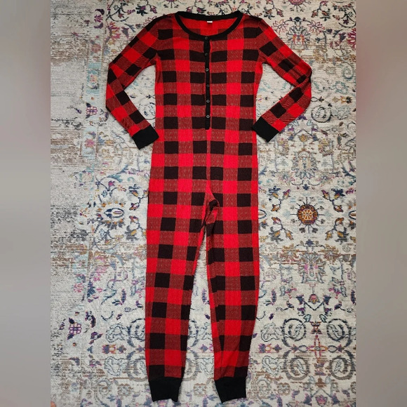 Old Navy Womens Christmas PJ Check Red Black One Piece Thermal Long John, sz MD - Picture 1 of 16